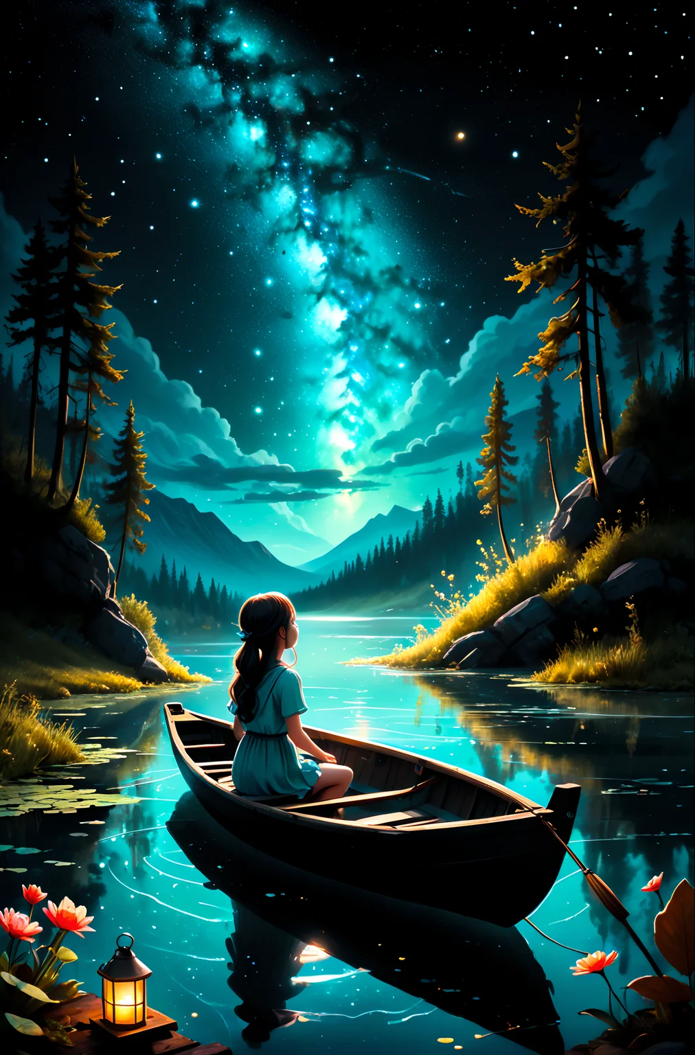 Hand drawing with pastel watercolors of a girl sitting in a small wooden boat fishes for stars in a turquoise lake as if they were dreams she would be pleased to capture.
Bioluminescent stardust spreads from the girl head up into the black night sky.
The stars in the lake and on the fishing rod are the only source of low luminetric ligths in this scene besides the stardust.

<lora:add-detail-xl:0.60>, <lora:xl_more_art-full_v1:0.40>, <lora:wowifierXL:0.50> art by mooncryptowow, <lora:LineAniRedmondV2-Lineart-LineAniAF:0.8> lineart, LineAniAF, <lora:caogao:0.8> sketch