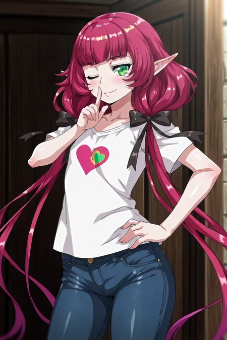 shiny skin, posing,
<lora:elfmori.il:1>,
elfmori,
nol,
safe, general, solo,
alternative costume,
shirt, jeans, heart, one eye closed, shush,