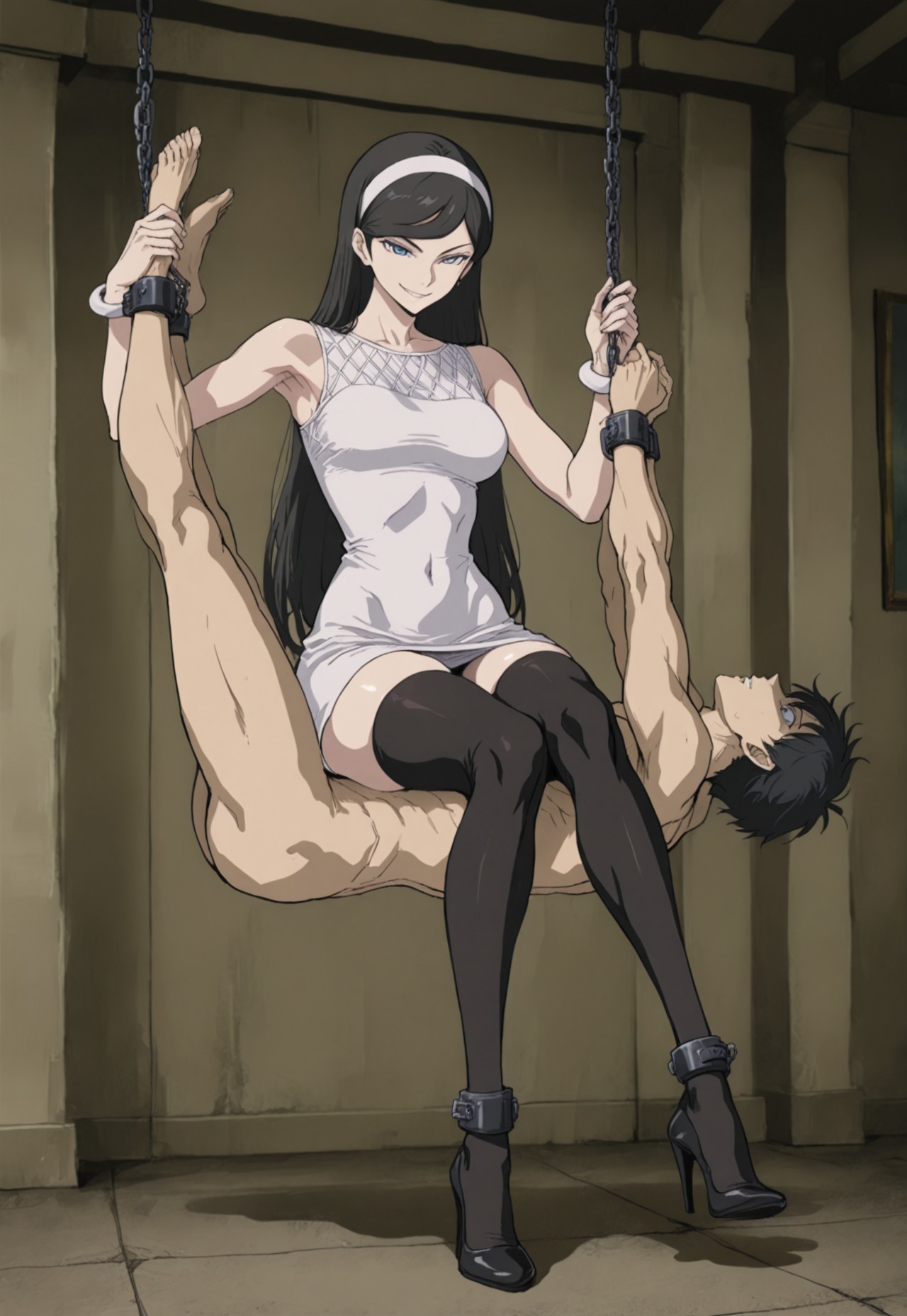 safe_pos, HSwingF, newest,, masterpiece, best quality, very aesthetic, HDR, ultra-detailed, anime, 748cmstyle, mythp0rt, swing, suspension, bound, bondage, sitting on person, bdsm, femdom, hetero, inside, cuffs, clothed female nude male, forced, dominatrix, leg-out sitting, full body, 

1girl, kumashiro maya, black hair, long hair, hairband, blue eyes, thighhighs, black thighhighs, white dress, bracelet, bare shoulders,high heels, skindentation, skinny, evil smile,

1boy, slave boy, boy screams in pain,