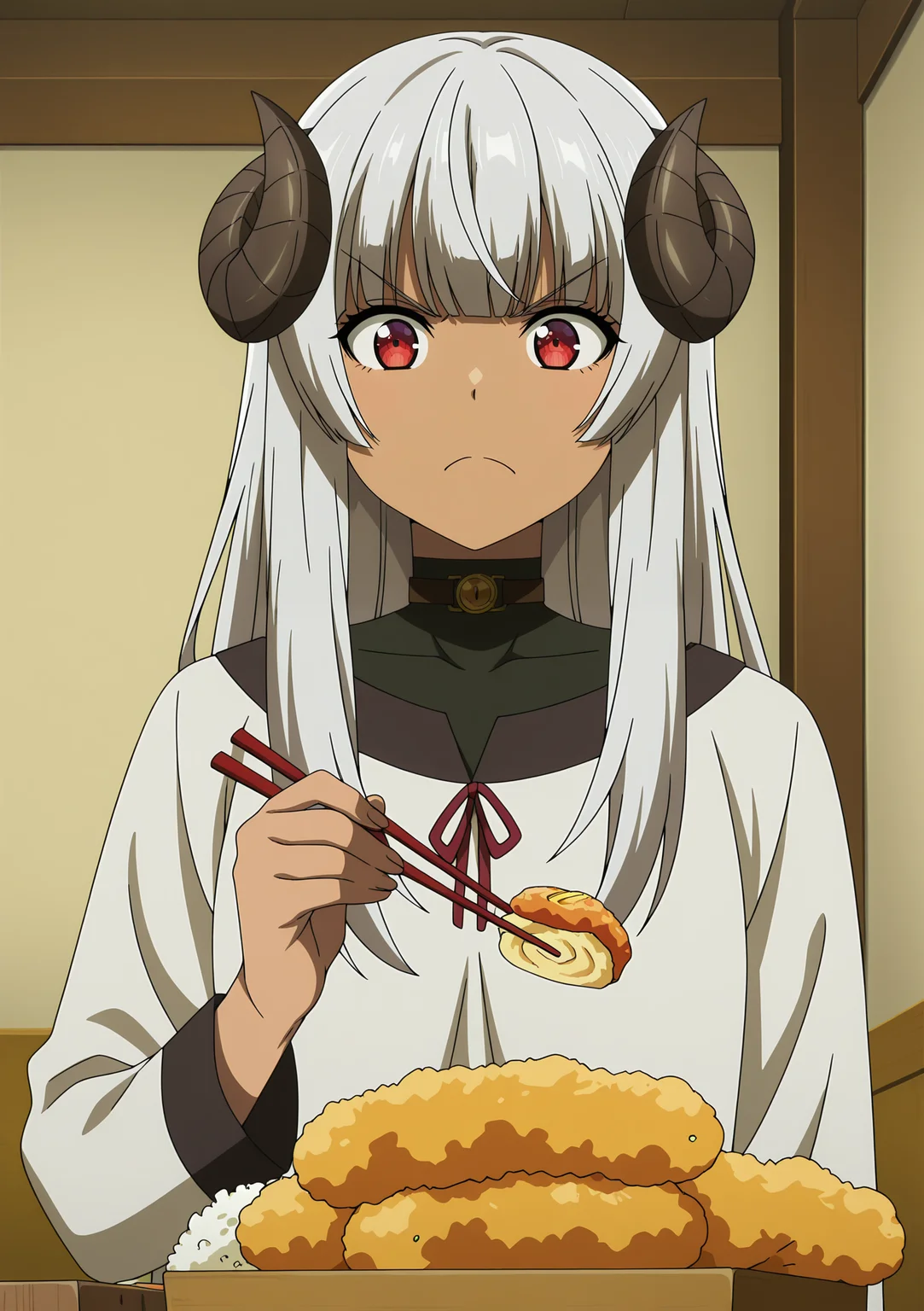 volumetric lighting, official style, amazing quality, ultra detailed, highres, detailed background,anime coloring, (anime screencap) masterpiece, detailed face,1girl<lora:Felm__:0.8>Felm, horns, red eyes, long hair, dark skin, food, chopsticks, dark-skinned female, tempura, solo, indoors, holding, v-shaped eyebrows, grey hair, looking at viewer, bangs, shrimp tempura, closed mouth, tamagoyaki, upper body, rice, shirt