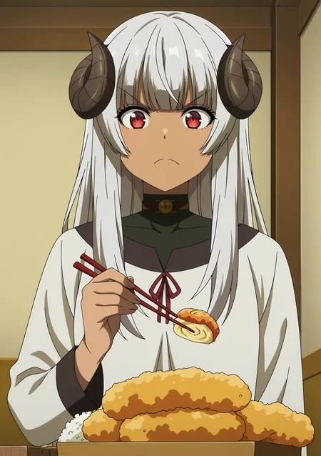volumetric lighting, official style, amazing quality, ultra detailed, highres, detailed background,anime coloring, (anime screencap) masterpiece, detailed face,1girl<lora:Felm__:0.8>Felm, horns, red eyes, long hair, dark skin, food, chopsticks, dark-skinned female, tempura, solo, indoors, holding, v-shaped eyebrows, grey hair, looking at viewer, bangs, shrimp tempura, closed mouth, tamagoyaki, upper body, rice, shirt