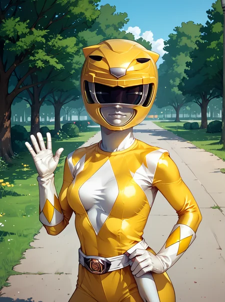 score_9, score_8_up, score_7_up, score_6_up, BREAK
yellow bodysuit, white gloves, yellow power ranger, yellow ranger helmet, 1girl, solo, medium breasts, tokusatsu, mighty morphin power rangers, waving, park, <lora:Yellow_Ranger_MM:0.8>