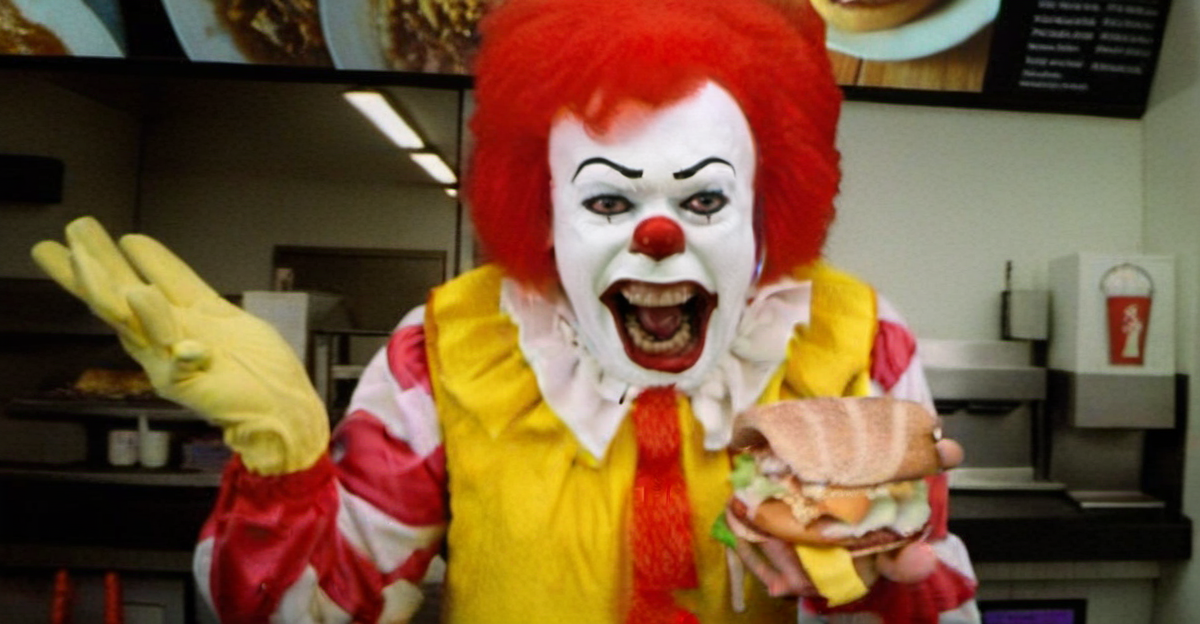 Pennywise1024, a clown in a fast food restaurant with a menu in the background and a burger in the foreground, Donald Roller Wilson, terrifying, a stock photo, hypermodernism <lora:Pennywise1024-000420:0.8>