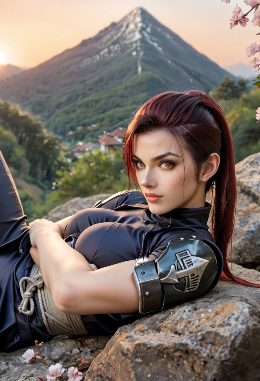 score_9, score_8_up, score_7_up, source_anime, DSLR Raw photo, cinematic grain,
Ninja woman, red hair, amber eyes, wearing a revealing green and black ninja suit, bow and arrow,
in a mountain pass, lying on a rock, legs slightly apart,
provocative expression, looking at the viewer,
(Sunset), orange sky, distant mountains, foggy background,
, Other ninja is licking her pussy doing her cunnilingus,
(Twilight), cherry blossoms falling, lanterns lit, serene background,
