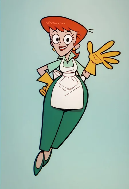 score_9, score_8_up, score_7_up BREAK DexMom, 1girl, short orange hair, black eyes, red lipstick, golden pearl earrings, yellow gloves, white full-length apron, light green polo shirt, dark green pants, dark green flat shoes, smiling at viewer, full body,