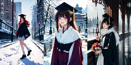 highly insanely detailed, masterpiece, top quality, best quality, highres, 4k, 8k, RAW photo, (very aesthetic, beautiful and aesthetic),
__lazy-wildcards/subject/costume/graduation_robe/prompts__,
<lora:gradgown:1>,
(1girl:1.3), solo focus,
(__lazy-wildcards/char/haircolor__),
__lazy-wildcards/dataset/background__,
__lazy-wildcards/subject/moment/random/prompts__âââ