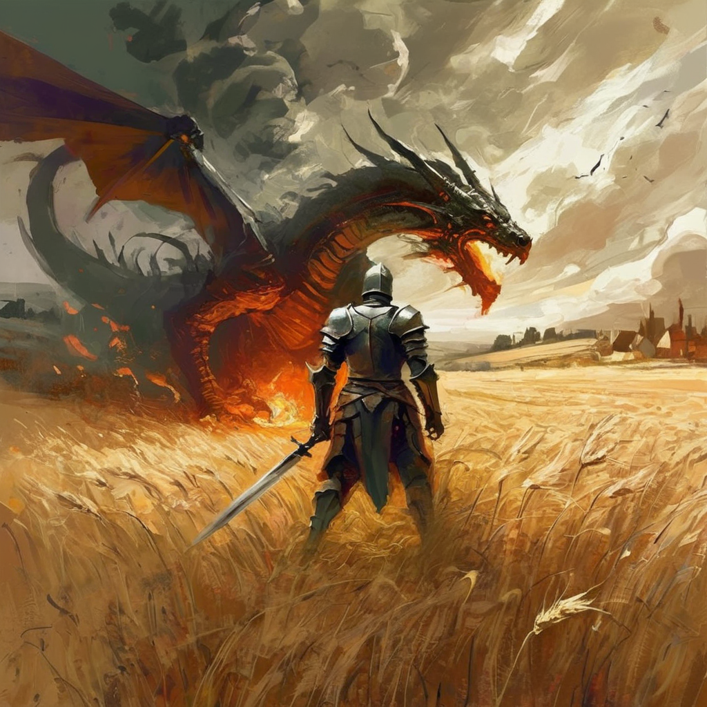 artmix06 a knight with a sword in a wheat field, in the background a mighty dragon and a burning village, expressive,  cinematic, very detailed<lora:artmix06:1>