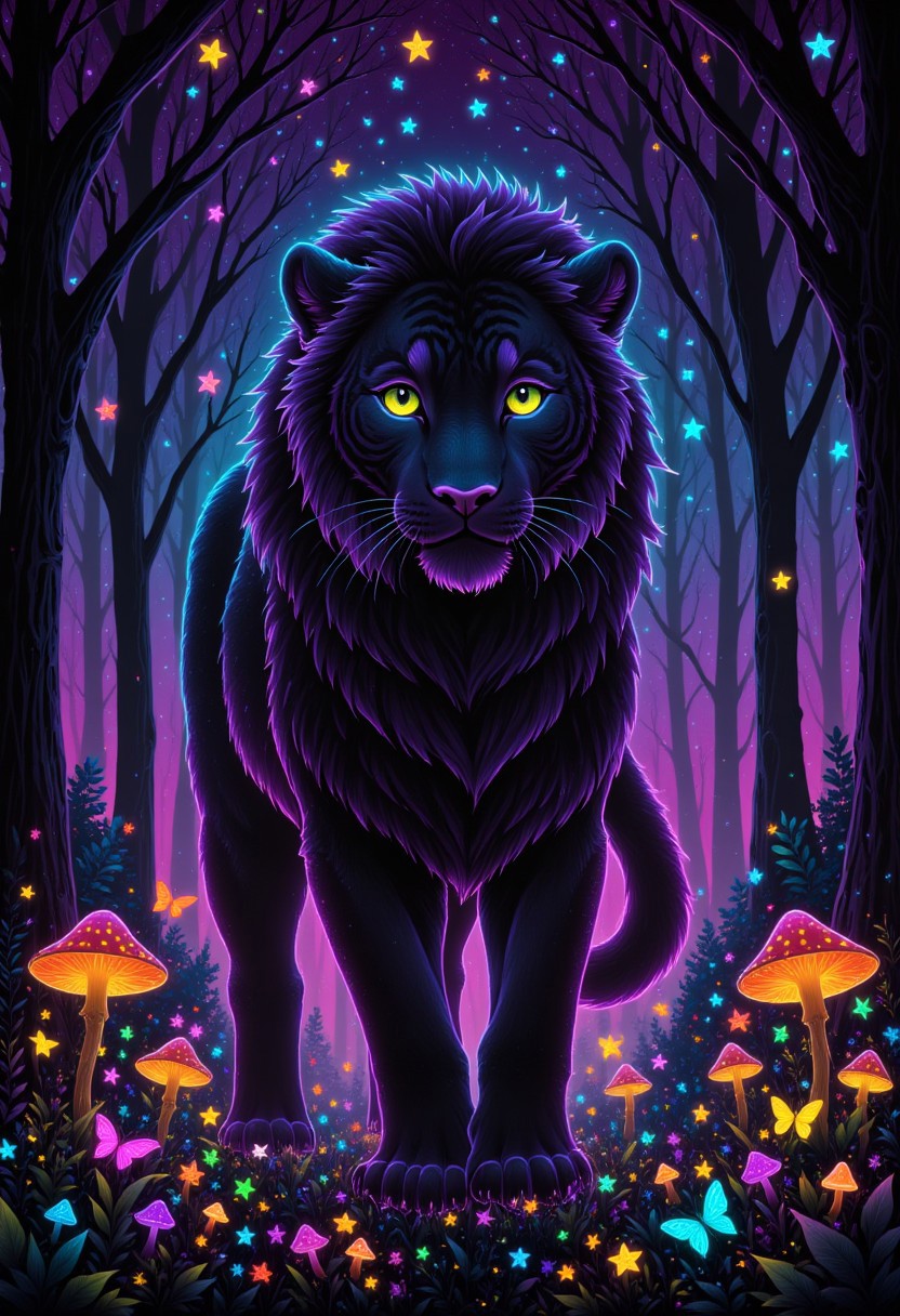 neon outline on black, neon colors, A majestic big cat, such as a lion or a tiger, standing in front of a backdrop of twisted trees and glowing mushrooms, its skin as pale as the moon and its eyes shining like lanterns in the dark, detailmaximizer