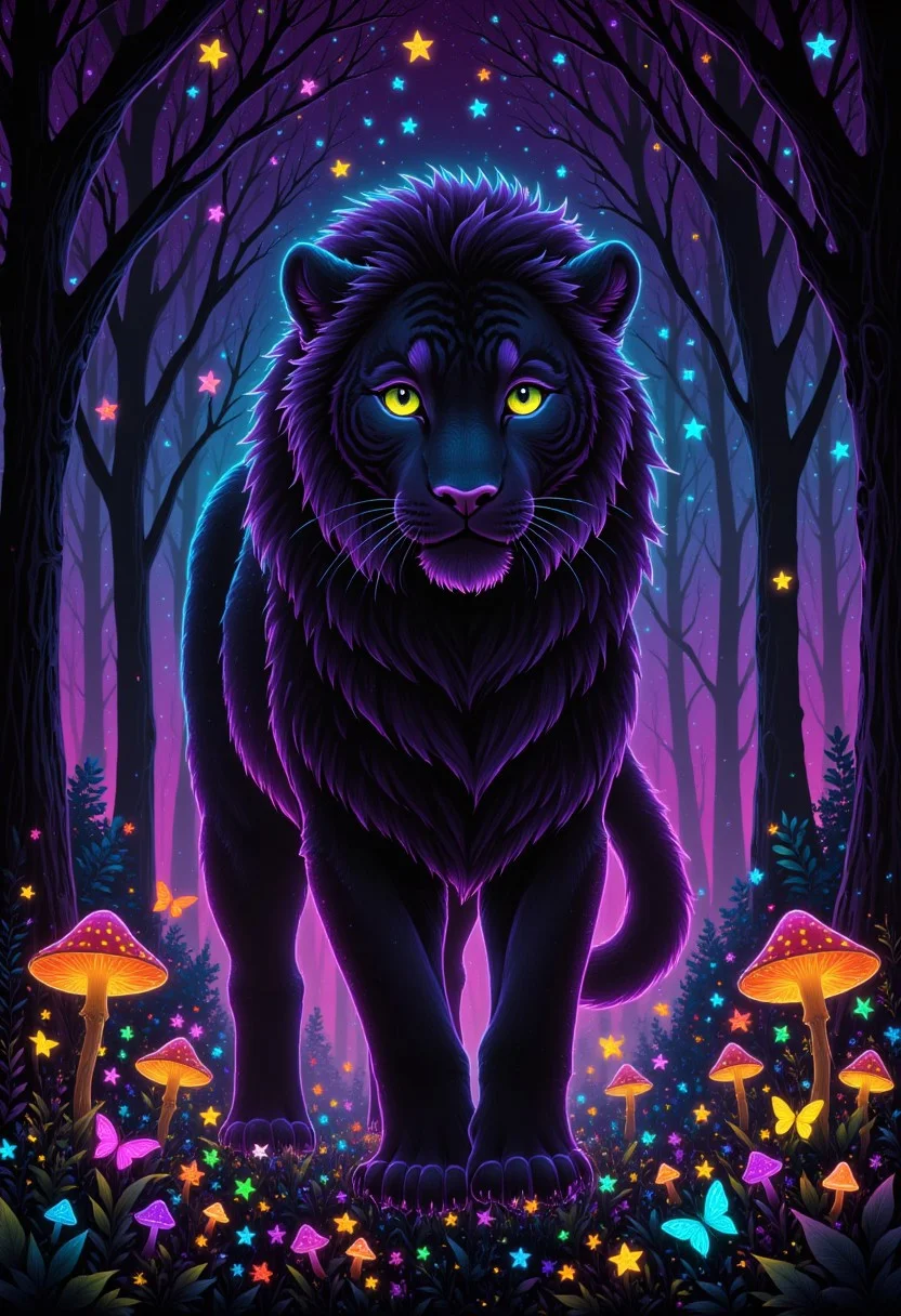 neon outline on black, neon colors, A majestic big cat, such as a lion or a tiger, standing in front of a backdrop of twisted trees and glowing mushrooms, its skin as pale as the moon and its eyes shining like lanterns in the dark, detailmaximizer