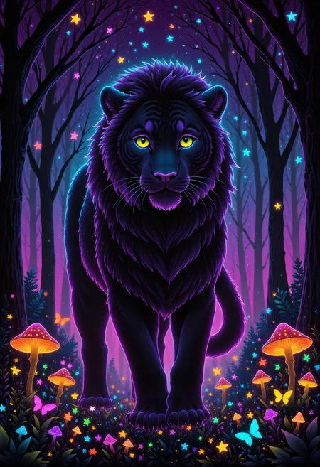 neon outline on black, neon colors, A majestic big cat, such as a lion or a tiger, standing in front of a backdrop of twisted trees and glowing mushrooms, its skin as pale as the moon and its eyes shining like lanterns in the dark, detailmaximizer