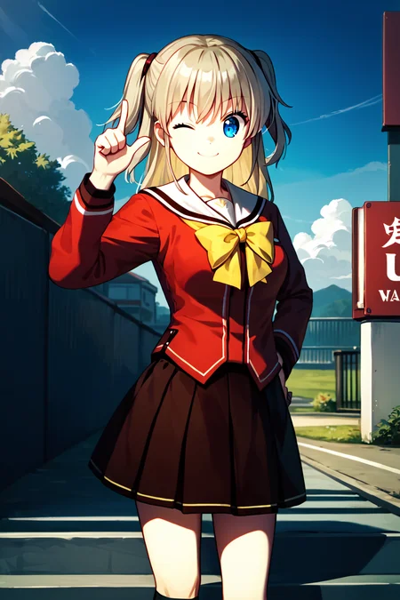 score_9, score_8_up, score_7_up, score_6_up, rating_safe, source_anime, best quality, masterpiece, detailed background, detailed eyes, outdoors, school, from side view, hand on hip, thumbs up, <lora:tomori-nao-xl-05:1>, tomori nao, two side up, red uniform with yellow bow, brown skirt, black socks, medium breasts, smile, closed mouth, wink
