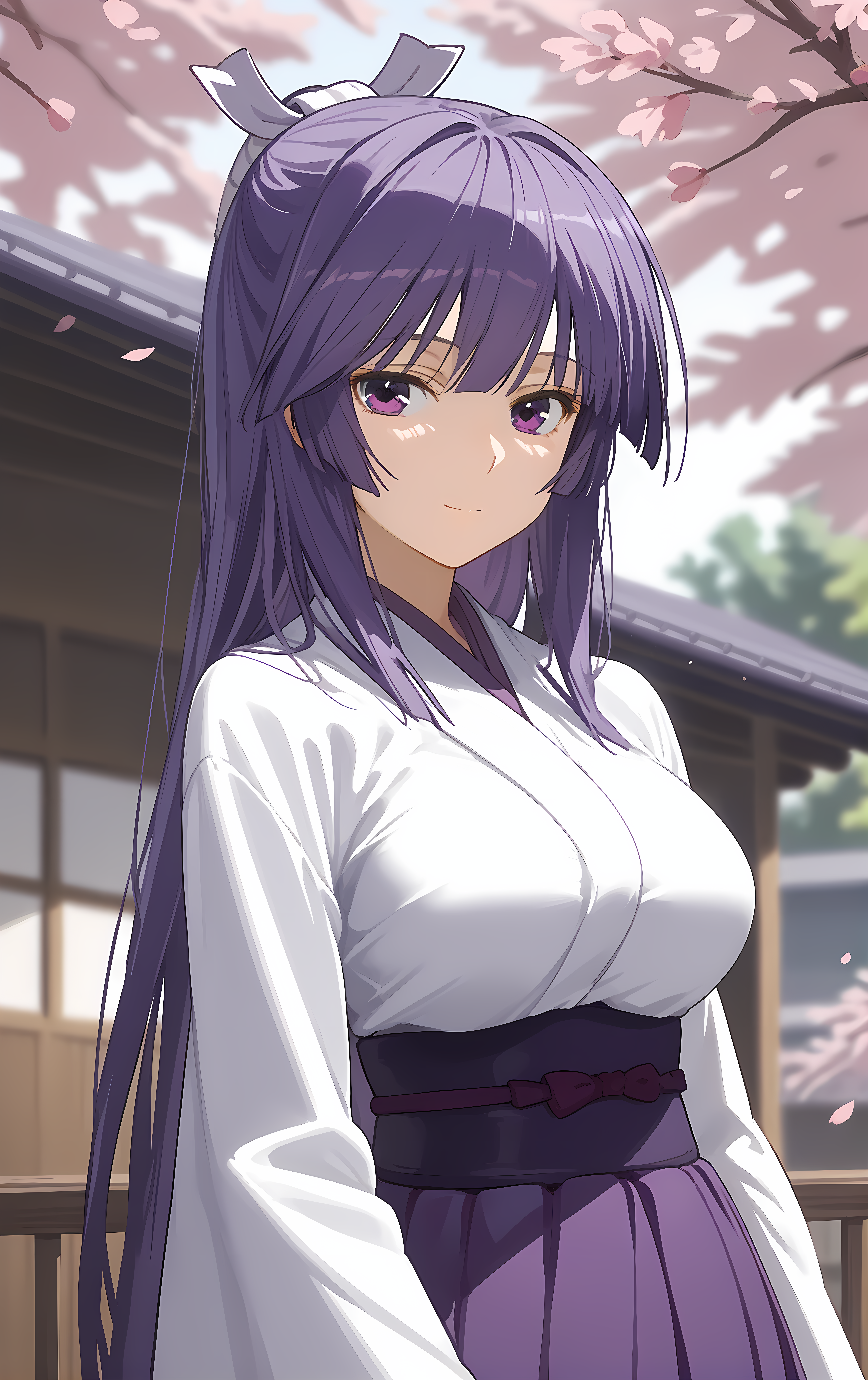 (score_9, score_8_up, score_7_up), looking at viewer, light smile, closed mouth, shiny skin, tight clothes,
ohwx, 1girl, solo, solo_focus, purple_eyes, long_hair, japanese_clothes, purple_hair, very_long_hair, breasts, ponytail, long_hair, breasts, large_breasts,
japanese_clothes, kimono, sash, kimono, skirt, hakama, hakama_skirt, purple_hakama, white_kimono,
blurry background, upper body, close-up, cowboy shot, dutch angle, against railing, hair tucking, looking at viewer, (cherry blossoms:1.1),
 <lora:miya_asama_pony_ss-000002:1>