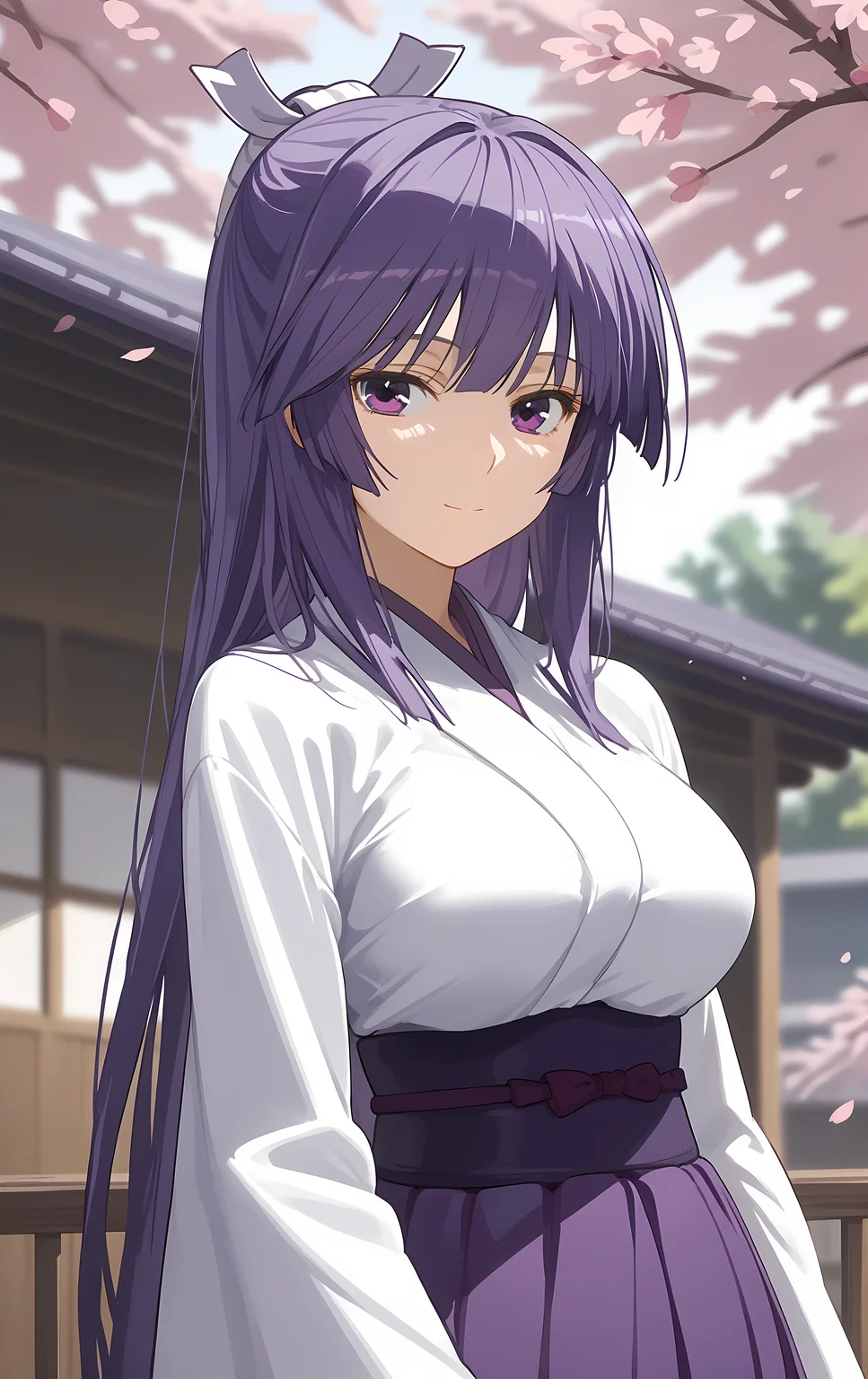 (score_9, score_8_up, score_7_up), looking at viewer, light smile, closed mouth, shiny skin, tight clothes,
ohwx, 1girl, solo, solo_focus, purple_eyes, long_hair, japanese_clothes, purple_hair, very_long_hair, breasts, ponytail, long_hair, breasts, large_breasts,
japanese_clothes, kimono, sash, kimono, skirt, hakama, hakama_skirt, purple_hakama, white_kimono,
blurry background, upper body, close-up, cowboy shot, dutch angle, against railing, hair tucking, looking at viewer, (cherry blossoms:1.1),
 <lora:miya_asama_pony_ss-000002:1>