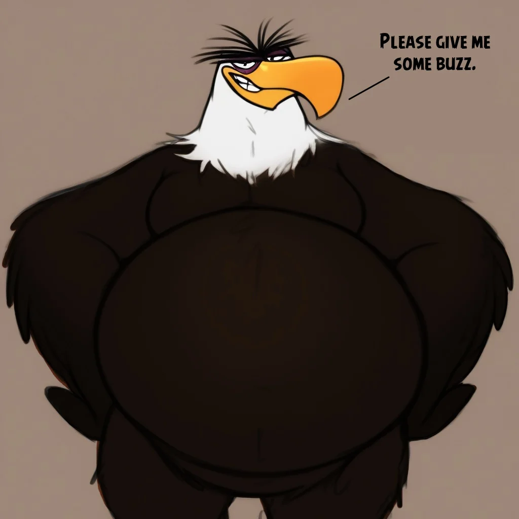 Mighty Eagle, brown feathers, feathers, bird, eagle, purple eyelids, feathered hands, big feathered hands, bird tail, winged arms, white head, white head feathers, feathered head, tired, eyebags, small pupils, white sclera, large eyebrows, large beak, long yellow beak, short legs, large feet, talons, obese, big belly, male focus, ((solo)), looking at viewer, smile, smiling at viewer, smirking, Hold up a sign saying (Please give me buzz!) handwritten text,