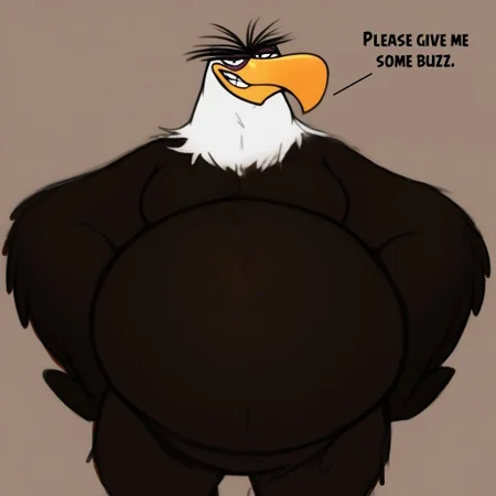 Mighty Eagle, brown feathers, feathers, bird, eagle, purple eyelids, feathered hands, big feathered hands, bird tail, winged arms, white head, white head feathers, feathered head, tired, eyebags, small pupils, white sclera, large eyebrows, large beak, long yellow beak, short legs, large feet, talons, obese, big belly, male focus, ((solo)), looking at viewer, smile, smiling at viewer, smirking, Hold up a sign saying (Please give me buzz!) handwritten text,