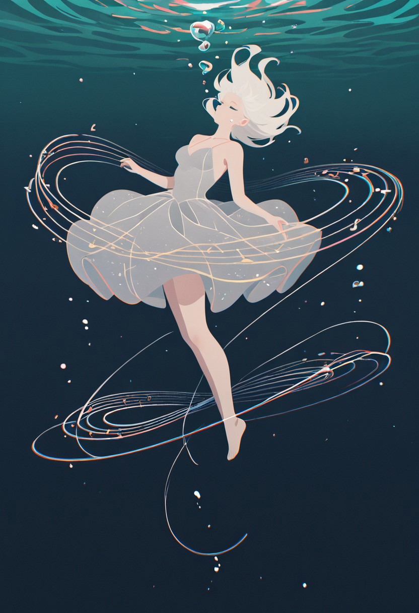 1girl, fantastical dress, floating, underwater, making music, inverted background, (flat lighting, flat color, flat design, no lineart:1), spot color, triadic colors, film grain, local color adaption, neon, pearlescent, masterpiece, best quality, amazing quality, very aesthetic, absurdres, newest,