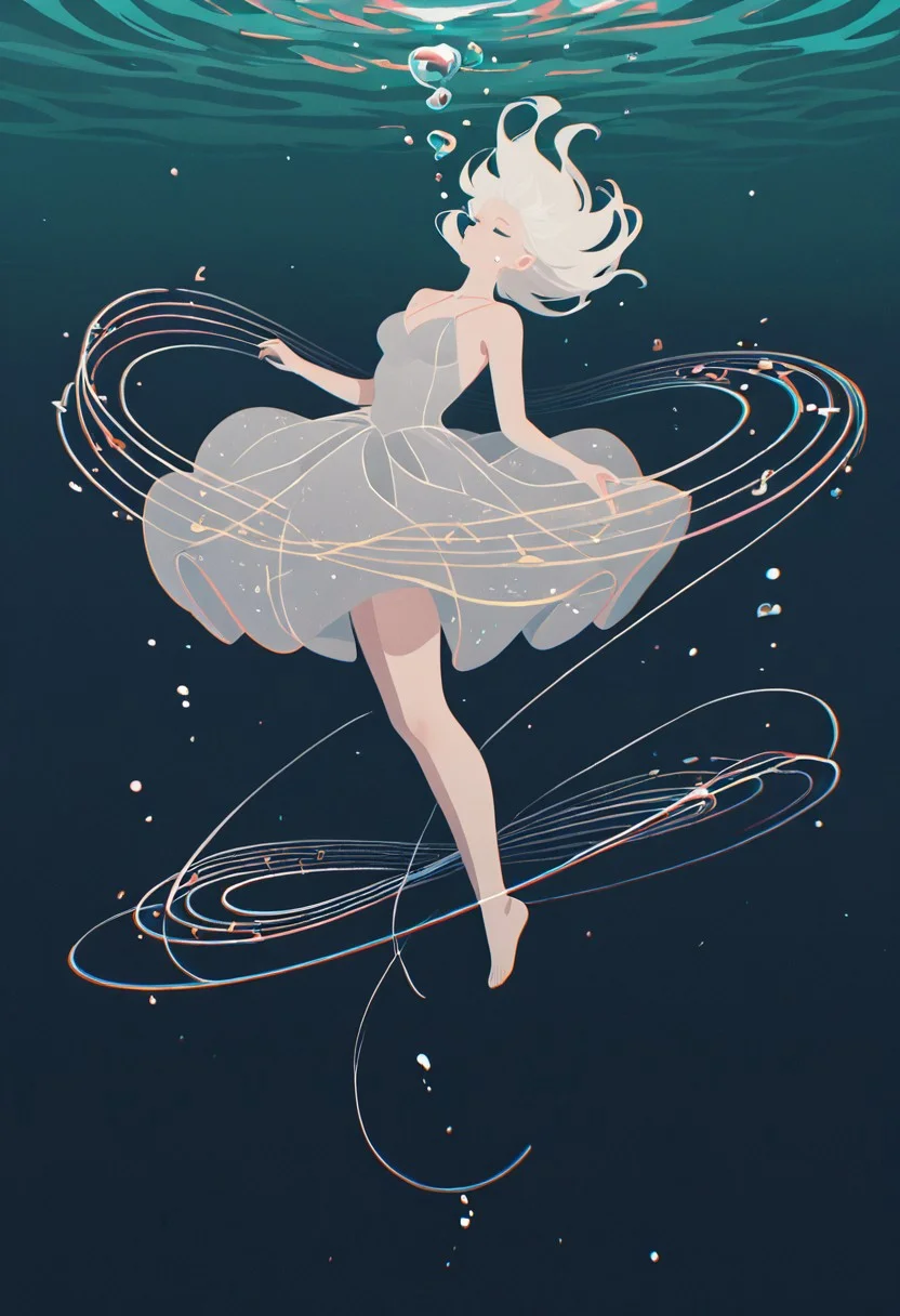 1girl, fantastical dress, floating, underwater, making music, inverted background, (flat lighting, flat color, flat design, no lineart:1), spot color, triadic colors, film grain, local color adaption, neon, pearlescent, masterpiece, best quality, amazing quality, very aesthetic, absurdres, newest,
