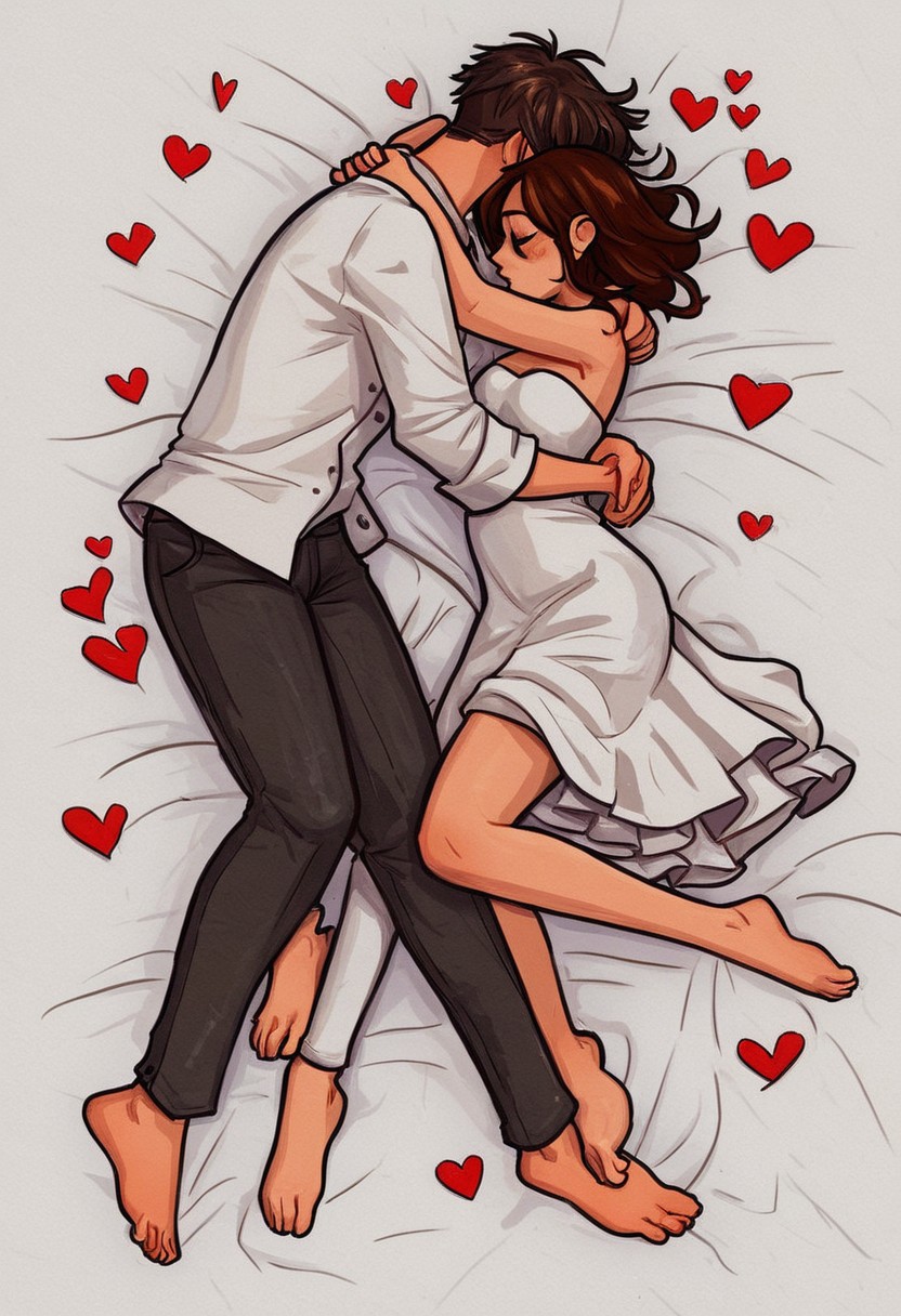 A photograph of a couple lying on a large, heart-shaped bed of red paper hearts against a white background. The woman, with long brown hair, wears a strapless white dress, and the man, with short dark hair, wears a white shirt and dark pants. They are barefoot, embracing intimately.
