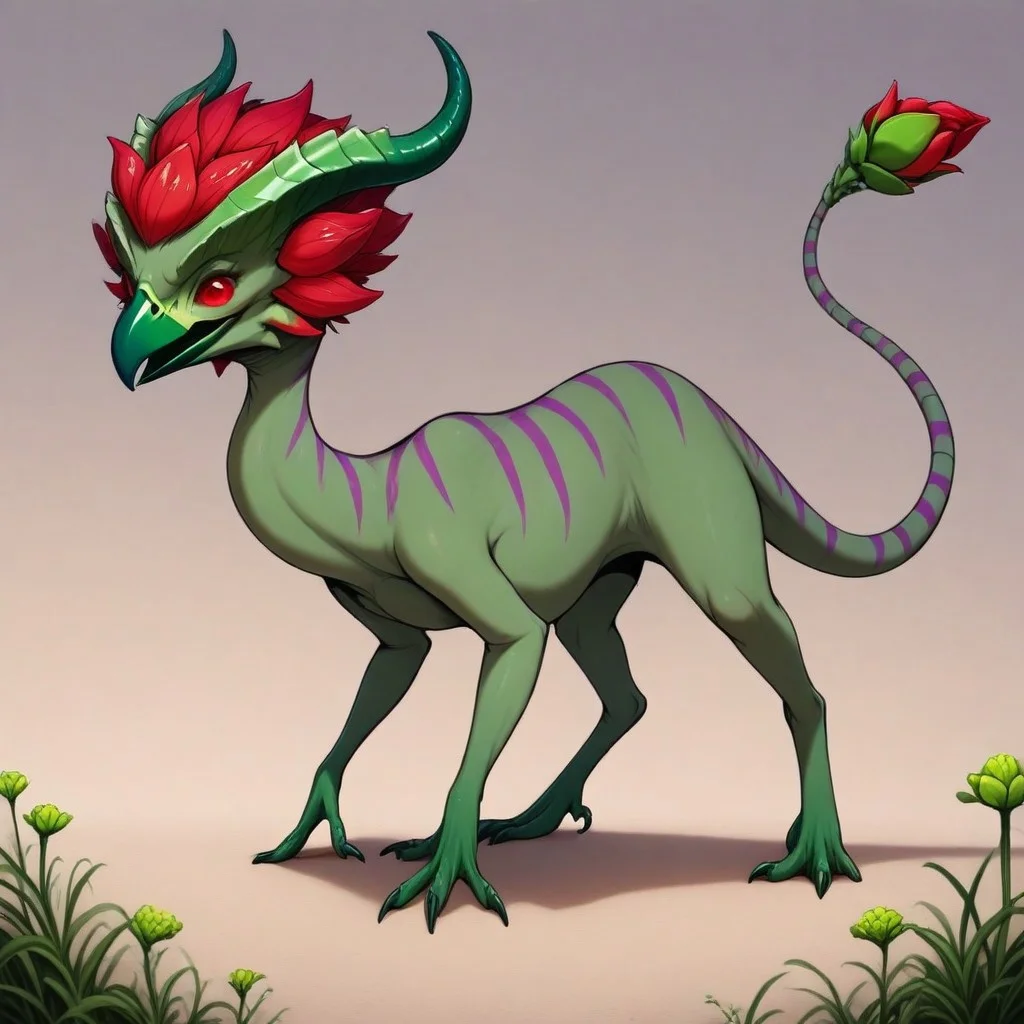 Rating: safe, masterpiece, best quality, amazing quality, highres, absurdres, Gaula, 1animal, sharp beak, red tail tip, flower bud tail, tapered tail tip, green horns, horns pointing forward, dark green skin, thick purple stripes, long neck, raschen, small, chubby, small feet, red head mane,
high angle,