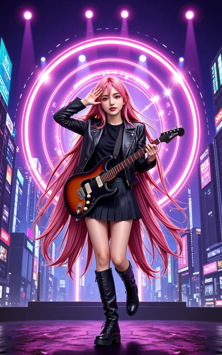 A 20-year-old girl with long,flowing pink hair,dressed in a sleek black leather jacket,a pleated black skirt,and knee-high black boots. She stands confidently on a neon-lit cyberpunk stage,strumming an electric guitar while waving to the audience. The futuristic cityscape behind her glows with holographic billboards and towering skyscrapers,bathed in a mix of deep purples,electric blues,and vibrant pinks. Behind her,a dazzling circular energy effect pulsates,resembling a sci-fi power ring,emitting radiant light that enhances the cyberpunk aesthetic. The stage is illuminated by dynamic spotlights,and digital particles float in the air,creating an immersive,high-tech concert atmosphere.,<lora:yuukananri-base-02-flux:0.8>,yuukananri,she has a slender physique and a petite build,<lora:aidmaMJ6.1_v0.5_3:0.6>,aidmaMJ6.1,