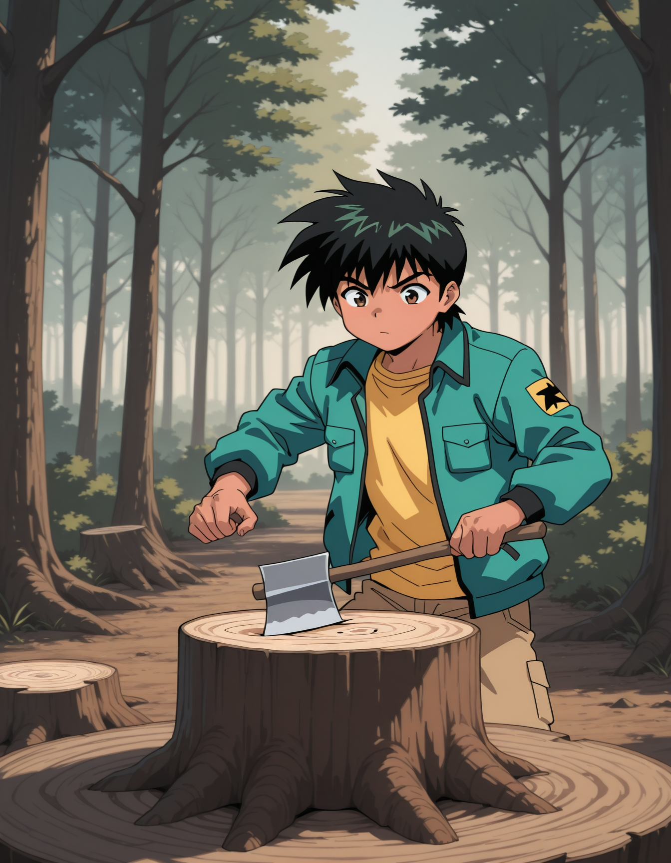 <lora:ghost-stories-v2-illustrious-000008:0.9> 1boy, solo, hajime, brown eyes, green jacket, yellow shirt, axe, chopping, tree, forest, tree stump, masterpiece, best quality