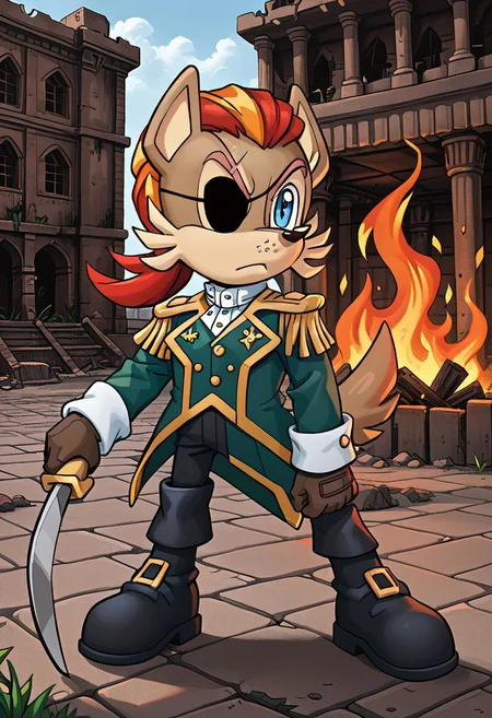 masterpiece, best quality, amazing quality, high detail, absurdres, Patch D'Coolette, male solo, fire on ground, ruins, outdoors, building, weapon, sheathed, tail, looking at viewer, green jacket, black boots, gloves, eyepatch, scar, blond hair, blue eyes, ruble, gray sky