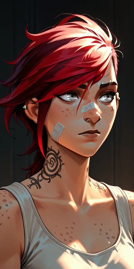 ydstlvi, 1girl, solo, long hair, bangs, shirt, collarbone, grey eyes, white shirt, red hair, short hair, multicolored hair, grey eyes, tattoo, piercing, ear piercing, classicviolet, portrait, bare shoulders, bandaid, freckles, nose, asymmetrical bangs, bandaid on face, bandaid on nose, neck tattoo, nose piercing, eyebrow cut, vi \(league of legends\) <lora:ydstlvi:1>