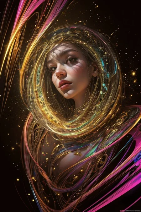 (((1girl))),(geometric abstract background:1.4), esoteric,  depth of field (zentangle, mandala, tangle, entangle) (photorealistic:1.4), official art, unity 8k wallpaper, ultra detailed, beautiful and aesthetic, masterpiece,best quality, (dynamic angle:1.4), glowing skin, (floating colorful sparkles:1) the most beautiful form of chaos, elegant, a brutalist designed, vivid colours, romanticism,back to camera,