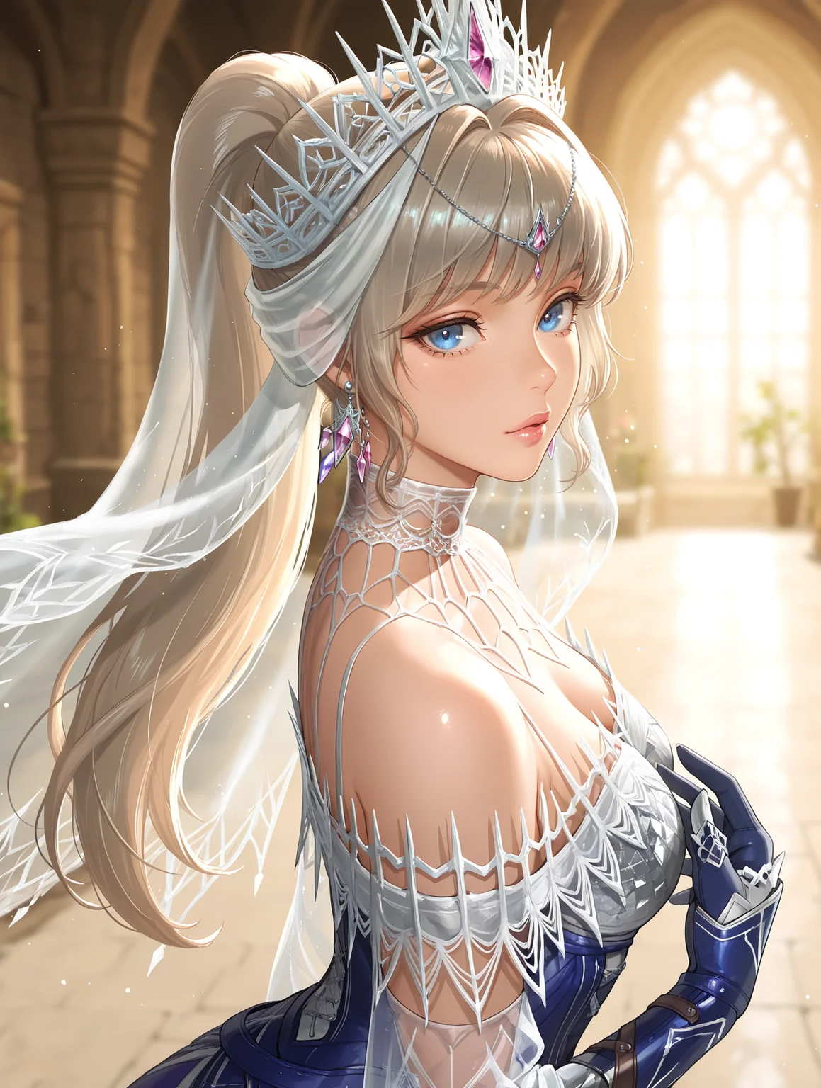 blue long dress,velkhana armor,1girl,solo,blue eyes,blue gloves,long hair,ponytail,silver crown,blurry background,looking at viewer,lips,tiara,silver earrings, veil
masterpiece,best quality,amazing quality,very aesthetic,absurdres,newest,<lora:Velkhana Armor Beta illuXL v1.1:0.77>,side,