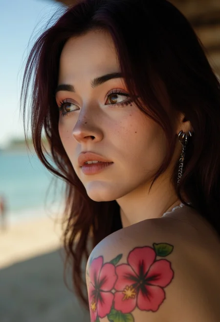 Hyperrealism, extreme close-up Portrait of a young woman KTNK. making this image a masterpiece of photography and digital art. Style: realistic hyper-detailed rendering, 32k UHD, expressive eyes, punk, graphic design, pink hibiscus tattoo, girl's face, side view, pretty and cute, gleaming lips, white skin, telling a tale of adventure. Exuding confidence and serenity. Vibrant tattoos adorn her sun-kissed skin