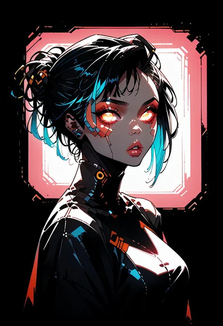 score_9, score_8_up, score_7_up, score_6_up, 19 year old, asian, e-girl, watercolor painting, cyborg, robotic, woman, skinny, petite, makeup, perky nose, parted lips, (hands down, arms down), machine, cybernetic skin, (puffy lips:0.85), bobcut, multicolored hair, looking at viewer, from above, left side view, portrait, g0th1c, glowing, neon lights, glowing eyes, phanostrata, geishastyle
