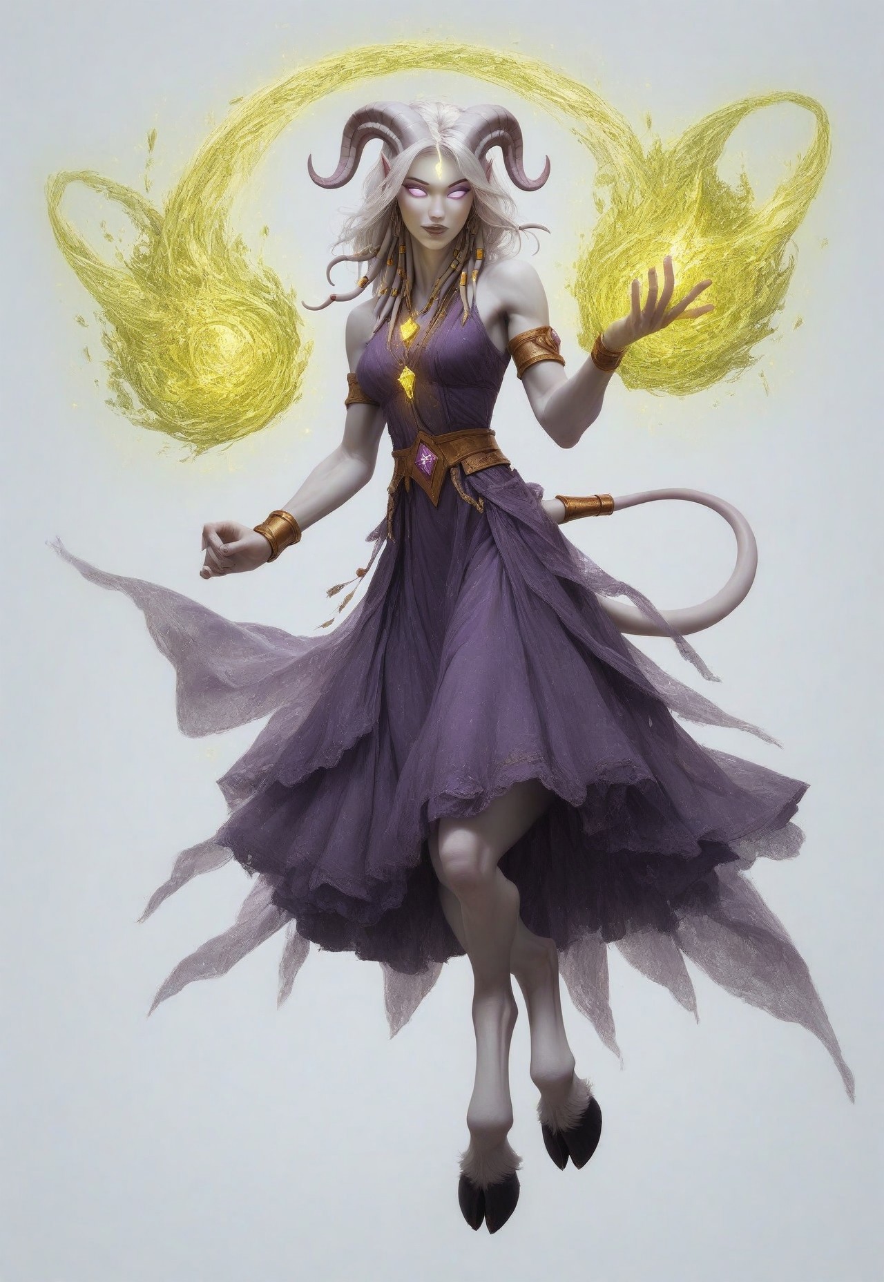 (absurdres, highres, best quality, masterpiece:1.4), 
score_9, score_8_up, score_7_up, score_6_up, 
detailed, 
detailed body, 
detailed face, 

(culDraenei, 
female, 
purple eyes, 
no sclera, 
no pupils, 
athletic, 
tall, 
slim, 
pale skin,
grey skin, 
long ears),

loose long purple dress,  
yellow pendant, 
sleeveless, 
magical spell, green aura, 

cheerful, 
(((full body))), 
posing, 
floating, 

(((white background, plain background))), 
(((no objects in background)))