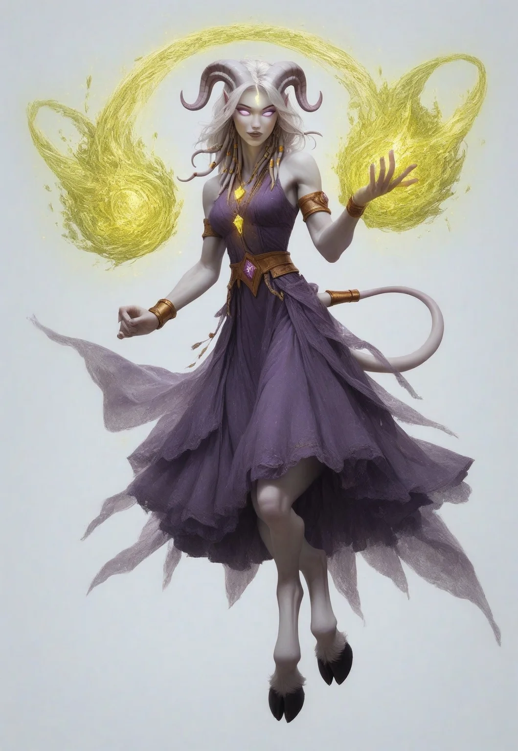 (absurdres, highres, best quality, masterpiece:1.4),
score_9, score_8_up, score_7_up, score_6_up,
detailed,
detailed body,
detailed face,
(culDraenei,
female,
purple eyes,
no sclera,
no pupils,
athletic,
tall,
slim,
pale skin,
grey skin,
long ears),
loose long purple dress,
yellow pendant,
sleeveless,
magical spell, green aura,
cheerful,
(((full body))),
posing,
floating,
(((white background, plain background))),
(((no objects in background)))