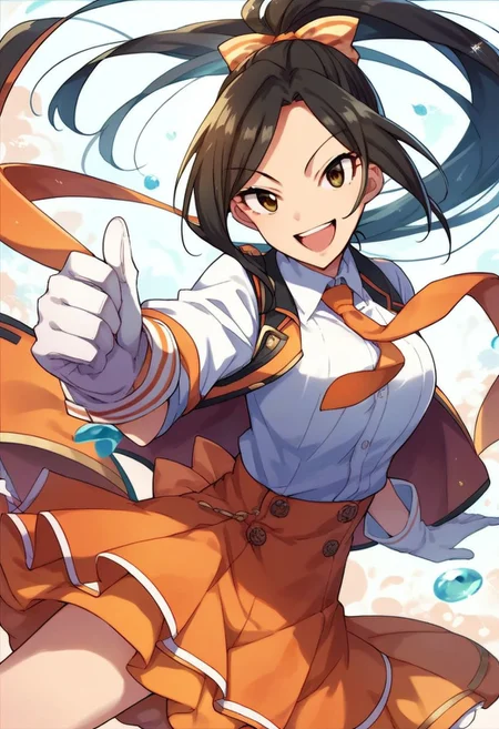 score_9, score_8_up, score_7_up, source_anime,mukai takumi, long hair, black hair, hazel eyes, 1girl, gloves, solo, open mouth, necktie, orange skirt, ponytail, skirt, white gloves, bow, smile