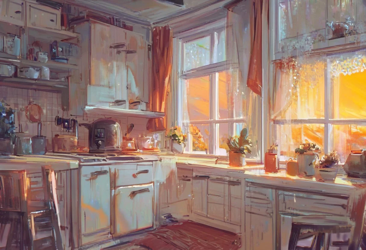score_9, score_8_up, score_7_up, pmg style, kitchen, sunrise, stove, countertops, window, curtains