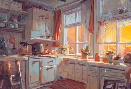 score_9, score_8_up, score_7_up, pmg style, kitchen, sunrise, stove, countertops, window, curtains