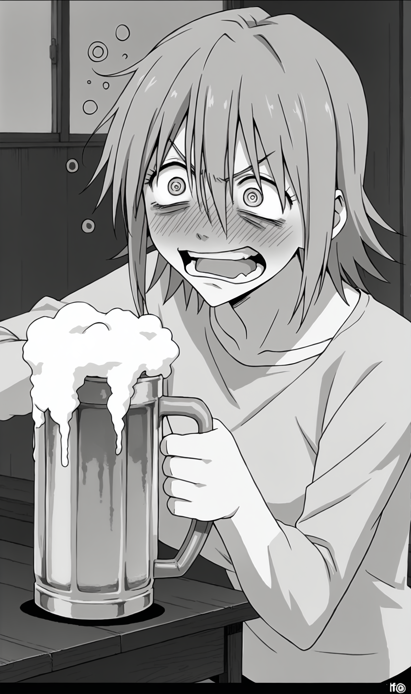 HH, 1girl, solo, pink hair, crazy eyes, angry, beer, drinking, drunk bubbles, drunk, drinking beer, indoors, @_@, manga comic style, greyscale, <lora:Haruko Haruhara Pony XL:0.9>