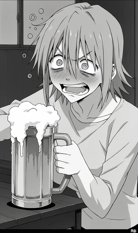 HH, 1girl, solo, pink hair, crazy eyes, angry, beer, drinking, drunk bubbles, drunk, drinking beer, indoors, @_@, manga comic style, greyscale, <lora:Haruko Haruhara Pony XL:0.9>
