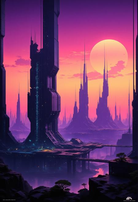 detailed photorealistic image, gradient of vibrant neon colours, sci-fi towers and skyscrapers in a futuristic alien cityscape, sunset, mist