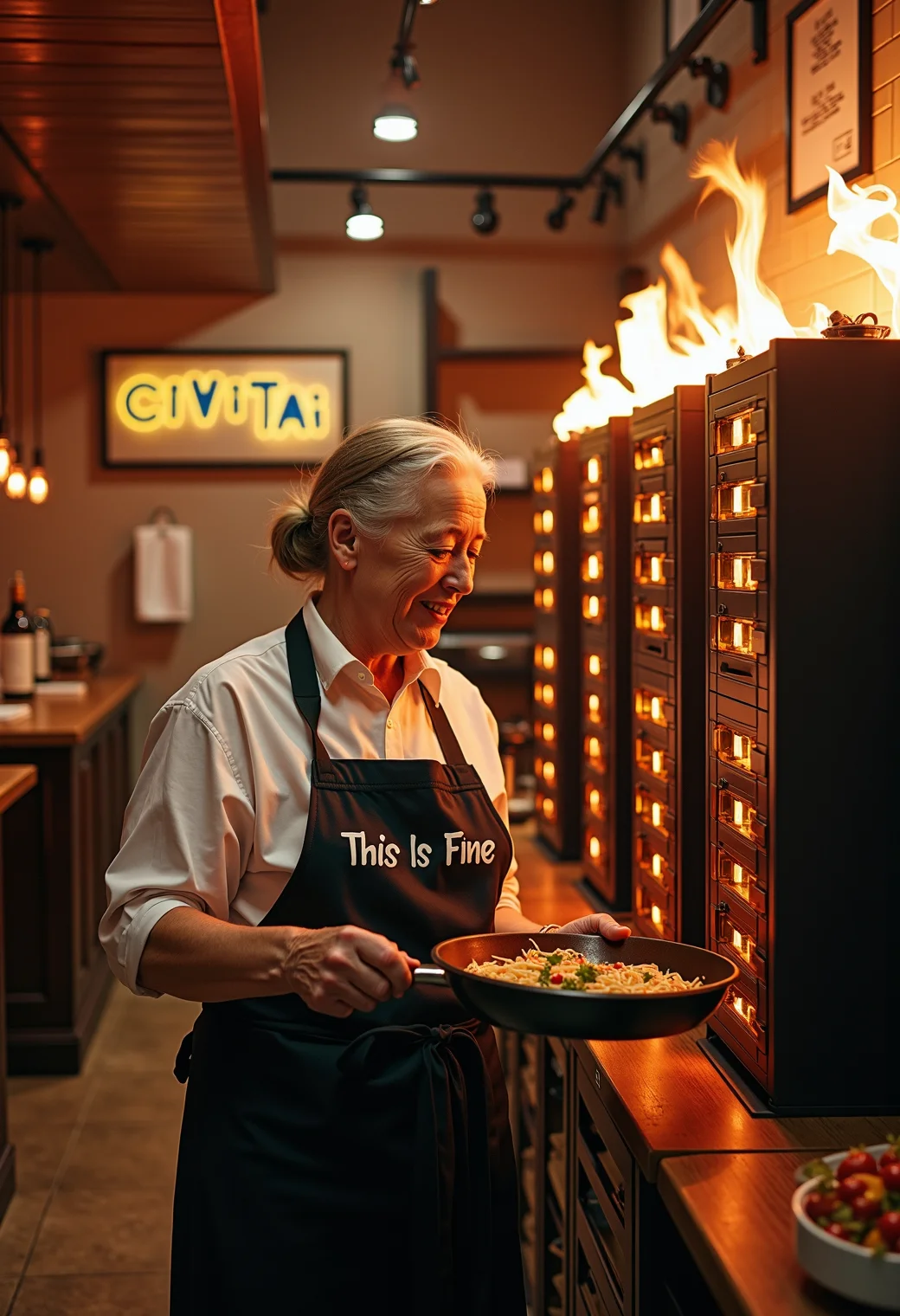 a server room with servers on fire, a sign "CIVITAI", a grandma holding a frying pan and cooking on servers, a text "This is Fine" on apron