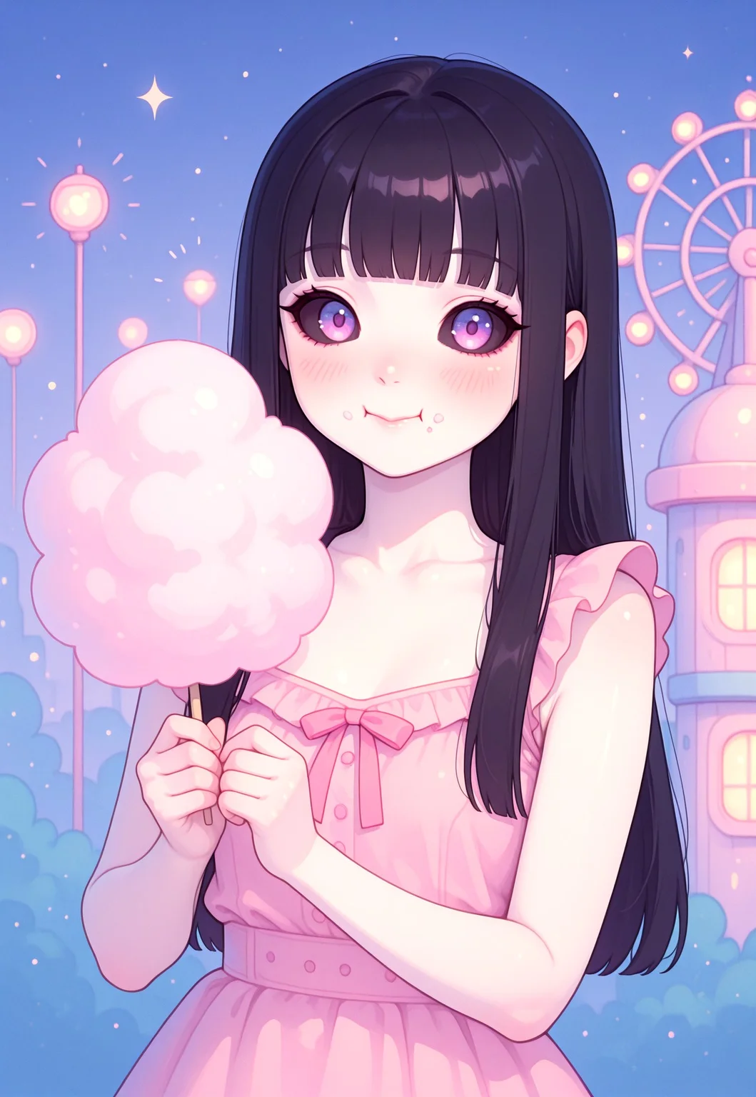 masterpiece, best quality, ultra-detailed, photorealistic, 1girl, young woman,
wink, cute smile, peace sign, eating cotton candy, wide eyed, joyful expression,
long black straight hair, blunt bangs,
pale skin, soft blush on cheeks,
glowing purple eyes, dark eyeliner, subtle dark sclera,
slim face, small nose, beauty marks,
cute pastel outfit, simple pastel background, amusement park background, Ferris wheel in background, dreamy pastel tones, soft lighting,
kawaii aesthetics, japanese idol,
ng_deepnegative_v1_75t, Luna Corvus, k4w4iim1r41