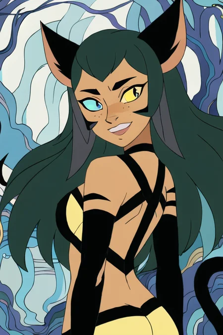 over the shoulder shot, a cat-like woman with big eyes, blue and yellow eyes, standing in a forest