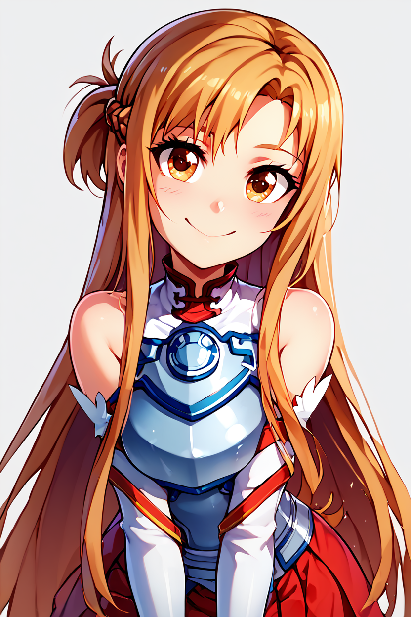 score_9, score_8_up, score_8, medium breasts, (curvy), cute, eyelashes,       BREAK, , zzAsuna, asuna (sao), long hair, brown hair, brown eyes, braid, very long hair,  thighhighs, bare shoulders, detached sleeves, armor, white thighhighs, breastplate, red skirt,   <lora:Asuna_SAO_PDXL_v3:0.8>,, BREAK, looking at viewer,  smile, upper body, leaning forward, head tilt,  embedding:zPDXL, Expressiveh, <lora:theButcherXPDXL:1.0>, <lora:CatalystStylePDXL:0.6>,  <lora:SDXLFaeTastic2400:0.5>,  <lora:Expressive_H-000001:0.4>,