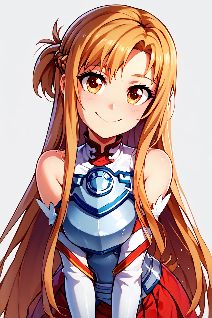 score_9, score_8_up, score_8, medium breasts, (curvy), cute, eyelashes, BREAK, , zzAsuna, asuna (sao), long hair, brown hair, brown eyes, braid, very long hair, thighhighs, bare shoulders, detached sleeves, armor, white thighhighs, breastplate, red skirt, <lora:Asuna_SAO_PDXL_v3:0.8>,, BREAK, looking at viewer, smile, upper body, leaning forward, head tilt, embedding:zPDXL, Expressiveh, <lora:theButcherXPDXL:1.0>, <lora:CatalystStylePDXL:0.6>, <lora:SDXLFaeTastic2400:0.5>, <lora:Expressive_H-000001:0.4>,