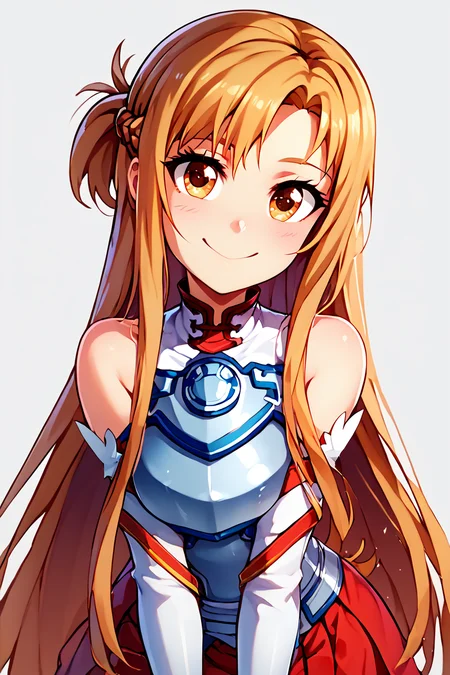 score_9, score_8_up, score_8, medium breasts, (curvy), cute, eyelashes, BREAK, , zzAsuna, asuna (sao), long hair, brown hair, brown eyes, braid, very long hair, thighhighs, bare shoulders, detached sleeves, armor, white thighhighs, breastplate, red skirt, <lora:Asuna_SAO_PDXL_v3:0.8>,, BREAK, looking at viewer, smile, upper body, leaning forward, head tilt, embedding:zPDXL, Expressiveh, <lora:theButcherXPDXL:1.0>, <lora:CatalystStylePDXL:0.6>, <lora:SDXLFaeTastic2400:0.5>, <lora:Expressive_H-000001:0.4>,