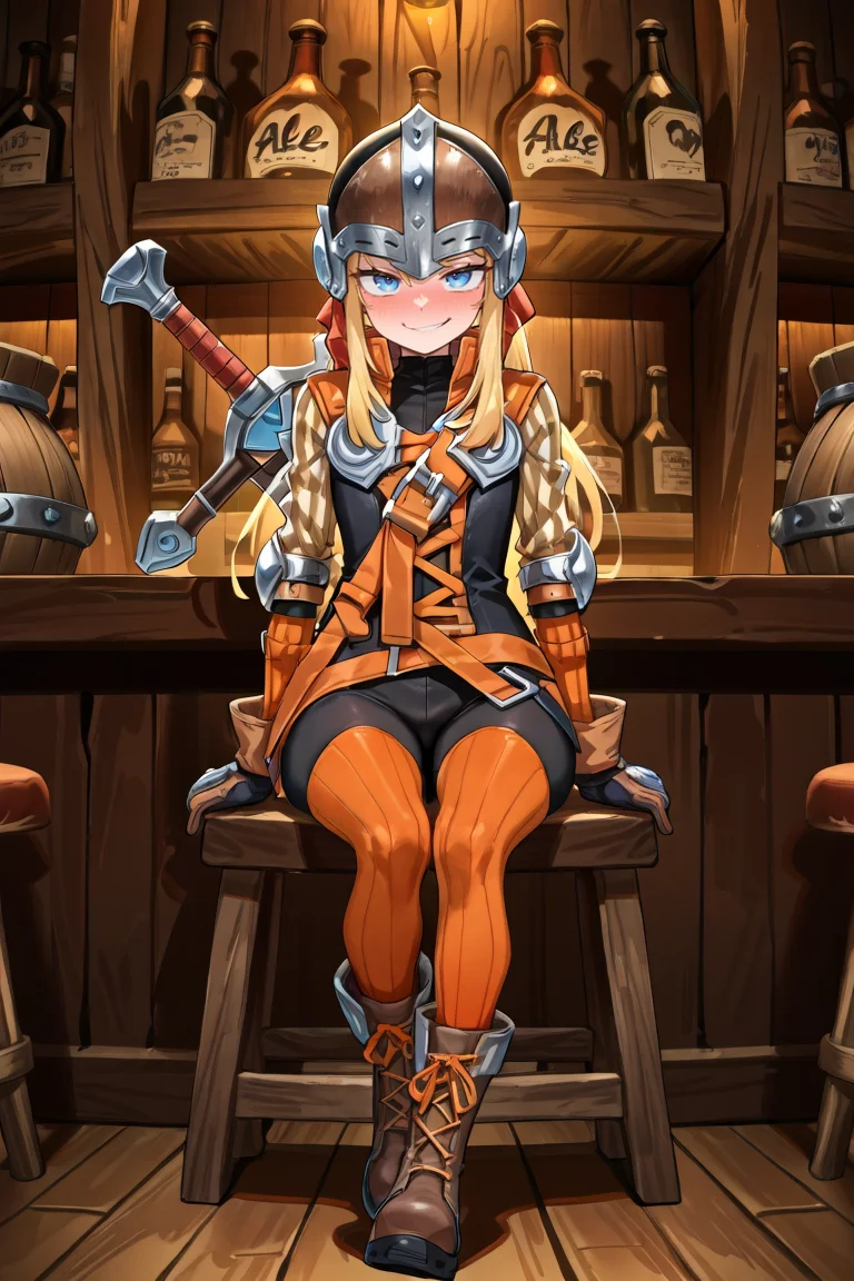 masterpiece, very aesthetic, absurdres, best quality, amazing quality, high resolution, newest, very awa, <lora:illustrious_quality_modifiers_masterpieces_v1:0.8> , <lora:ChamIllustriousBackgroundEnhancer:0.5>,  solo,   <lora:InzaghiIL:1> InzDef, adult male, 1boy, blonde hair, sidelocks, long hair, blue eyes, helmet, armor, elbow pads, orange straps, popped collar, layered shirt, cross-laced top, black bodysuit, bodysuit under clothes, striped sleeves, long sleeves, orange thighhighs, gloves, boots, weapon on back, smile, night, sitting, tavern, looking at viewer, smirking, drunk, interior, bar \(place\), ale, full body,