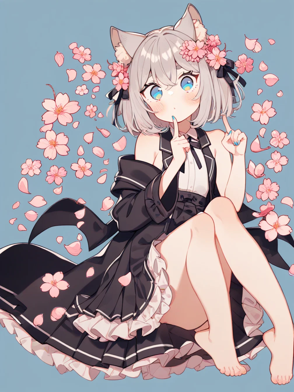 1girl,solo,cherry blossoms,hair flower,pink flower,hair ribbon,cat ears,animal ear fluff,blue eyes,grey hair,short hair,bangs,hair between eyes,eyebrows visible through hair,blush,flat chest,neck ribbon,white shirt,collared shirt,sleeveless shirt,bare shoulders,open clothes,black robe,black coat,blue nail polish,black skirt,frilled skirt,pleated skirt,frills,legs,no shoes,
looking at viewer,looking at viewer,bow,hand up,index finger raised,hand on own chin,
flower,leaf,
blue background,
full body,
<lora:ekureea_1-000040:1>,