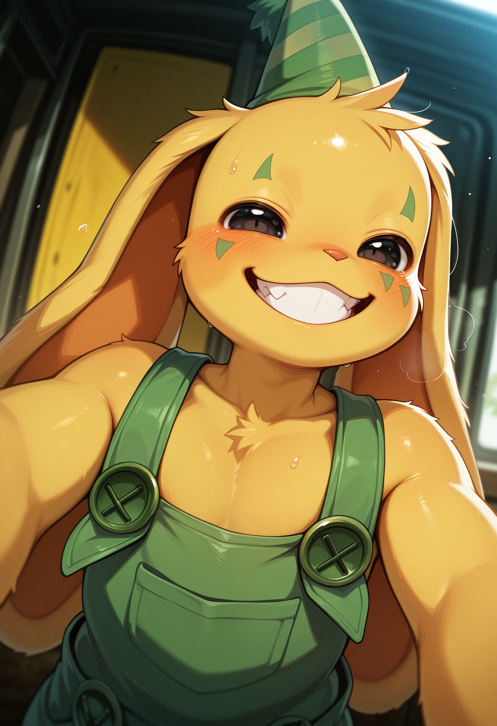 masterpiece, best quality, amazing quality, solo, 1boy, BunzoPP, overalls, hat, smile, upper body