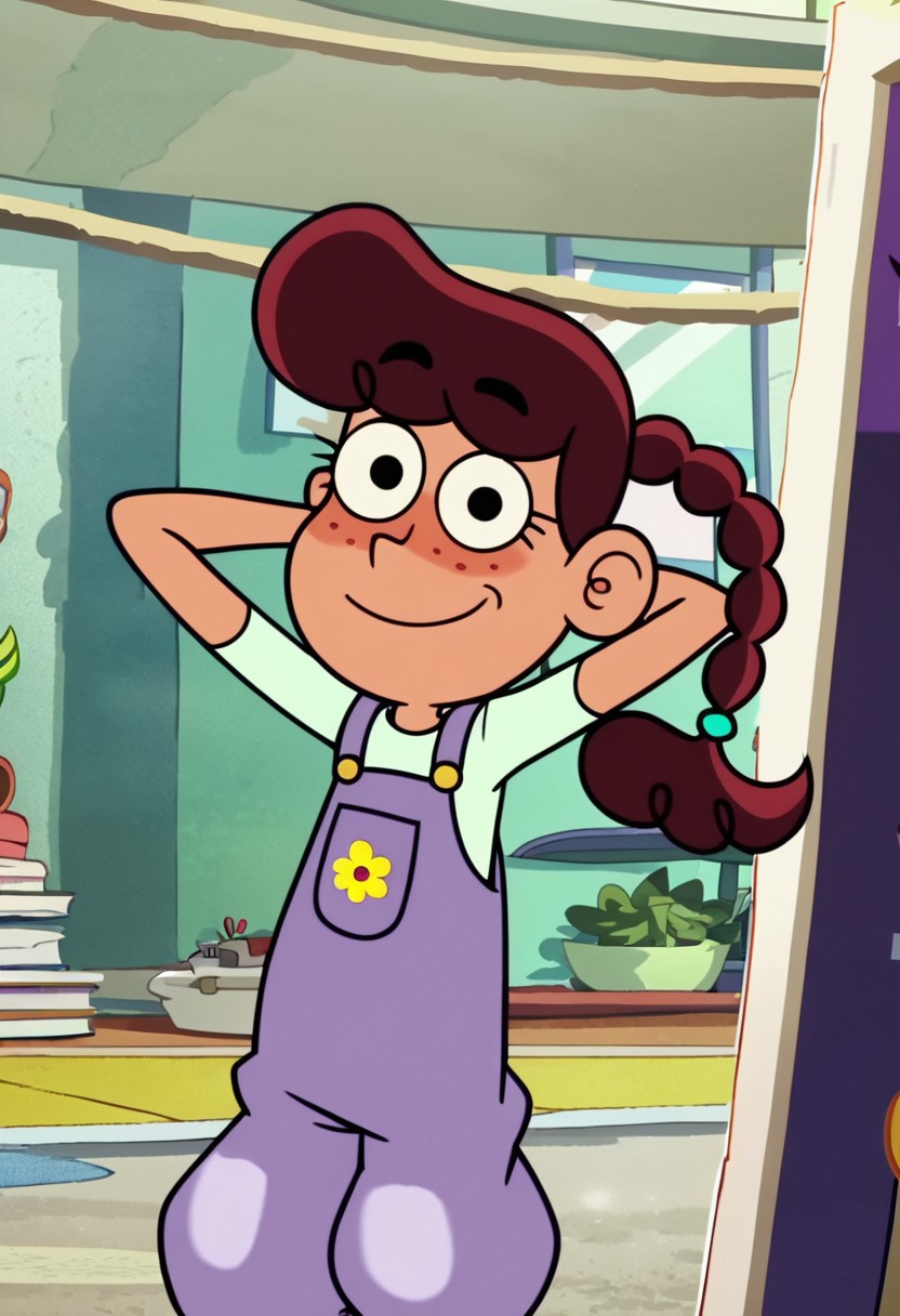 score_9, score_8_up, score_7_up BREAK NelliePrms, 1girl, reddish-brown hair,  light brown skin, freckles, black eyes, ponytail, emerald ball scrunchie, shortsleeved light green shirt, purple overalls, front pocket with yellow flower-patch, yellow green sandals, cowboy shot, smiling at viewer, hands behind head, screenshot, official art, parody, cartoon footage, official design, screencap, cartoon screenshot, official screenshot, 2d, cartoon, source_cartoon,