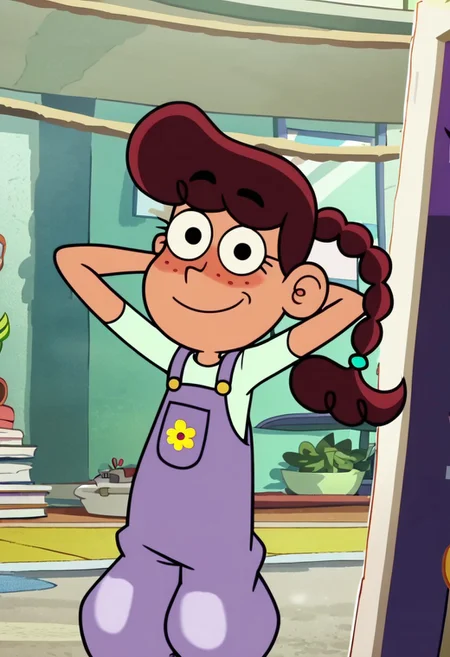 score_9, score_8_up, score_7_up BREAK NelliePrms, 1girl, reddish-brown hair, light brown skin, freckles, black eyes, ponytail, emerald ball scrunchie, shortsleeved light green shirt, purple overalls, front pocket with yellow flower-patch, yellow green sandals, cowboy shot, smiling at viewer, hands behind head, screenshot, official art, parody, cartoon footage, official design, screencap, cartoon screenshot, official screenshot, 2d, cartoon, source_cartoon,